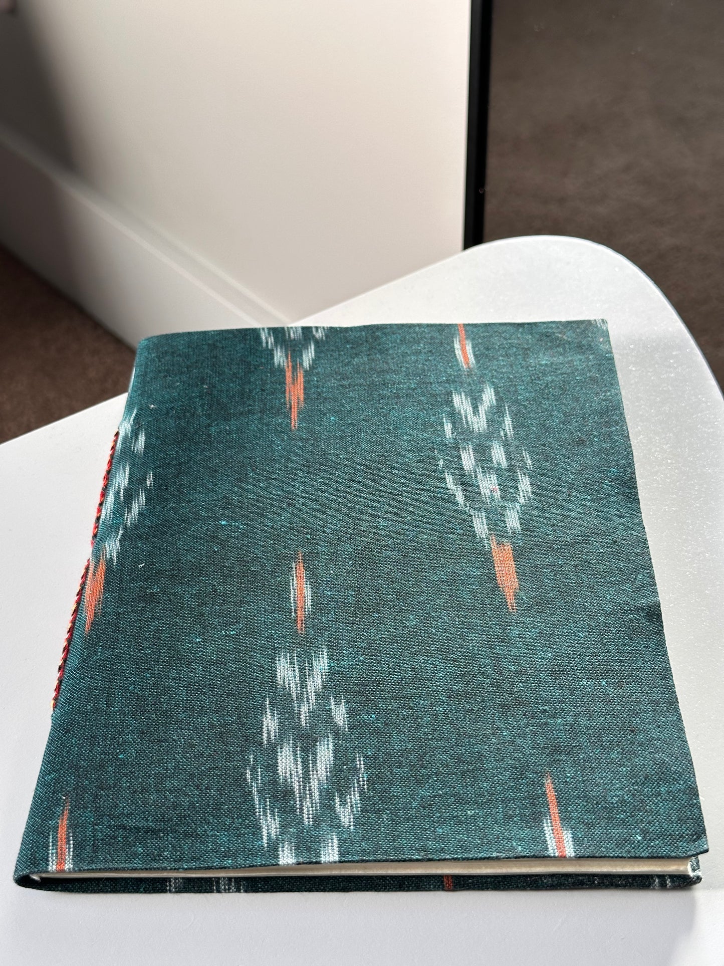 Bold green Ikat fabric cover handmade paper notebook (9*7 in)