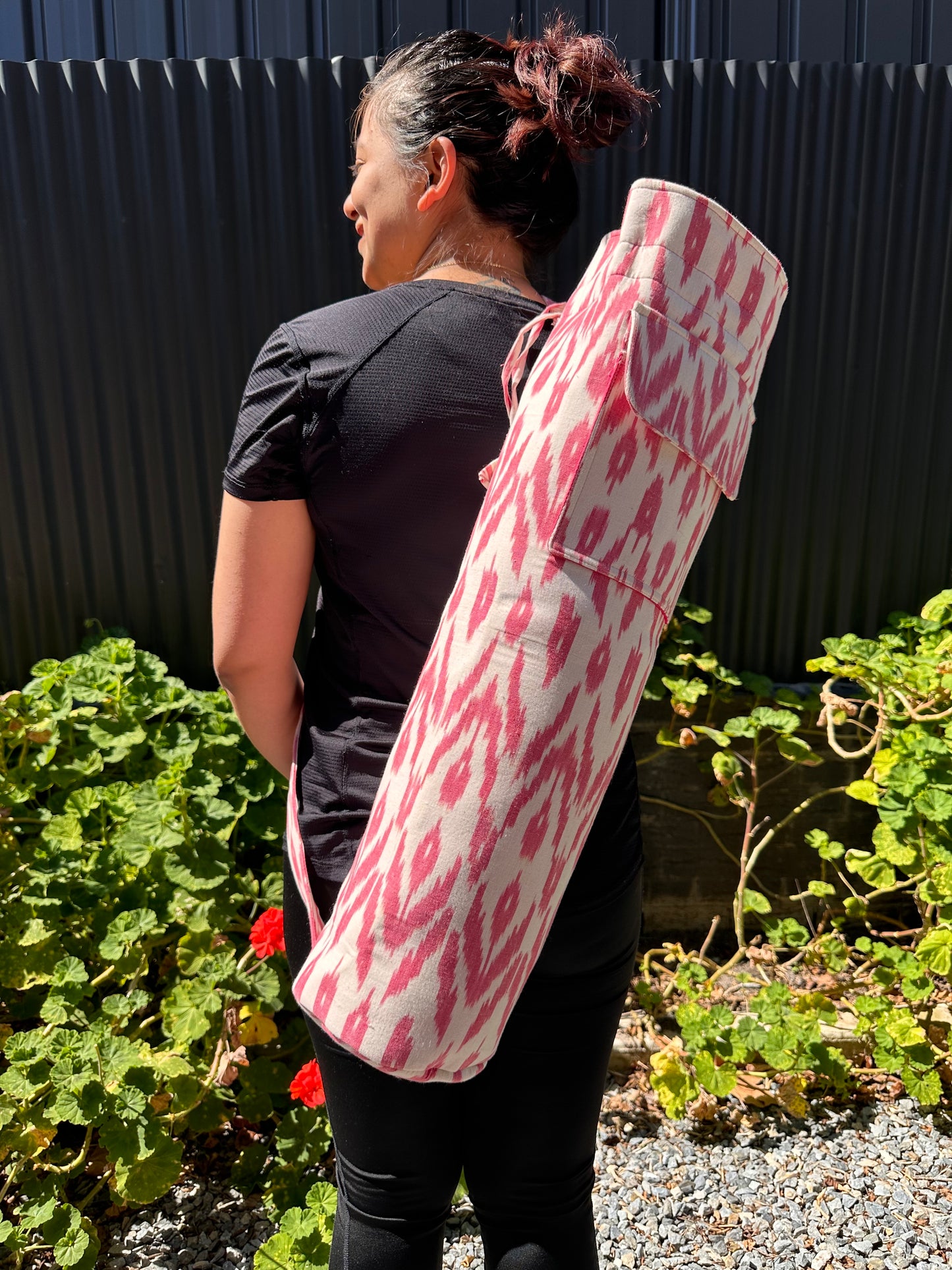 White & Pink Ikat Cotton Yoga/Beach Mat Bag
