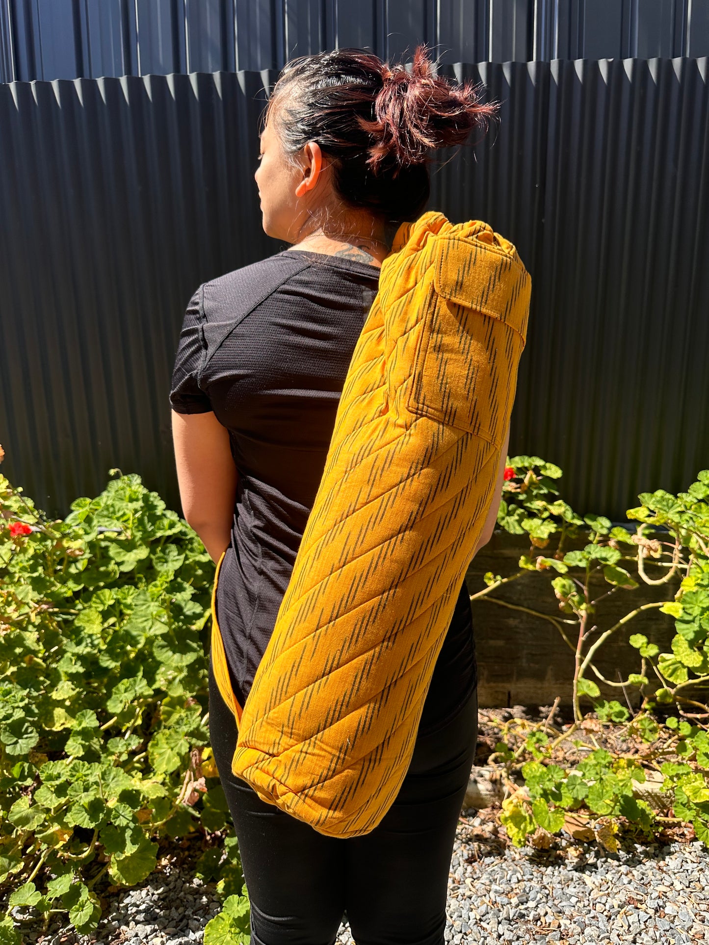 Yellow and Black Print Ikat Cotton Quilted Yoga/Beach Mat Bag