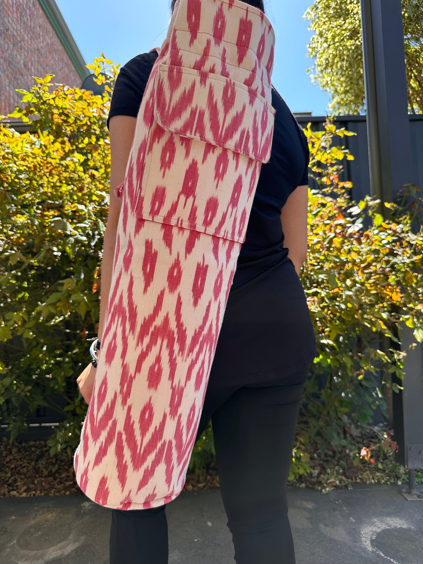 White & Pink Ikat Cotton Yoga/Beach Mat Bag