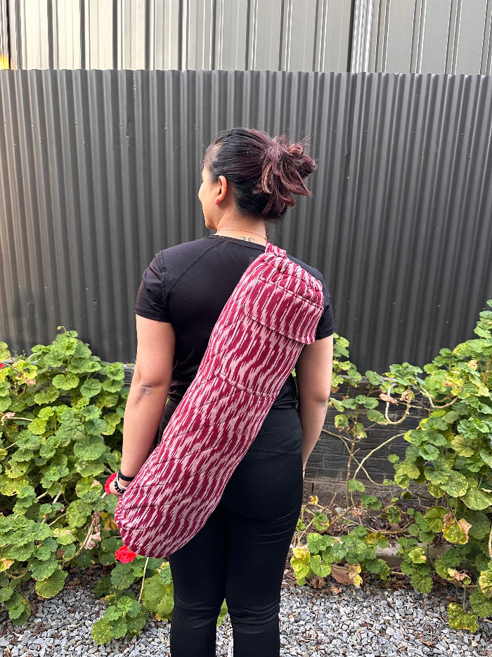 Maroon White Ikat Cotton Quilted Yoga Beach Mat Bag