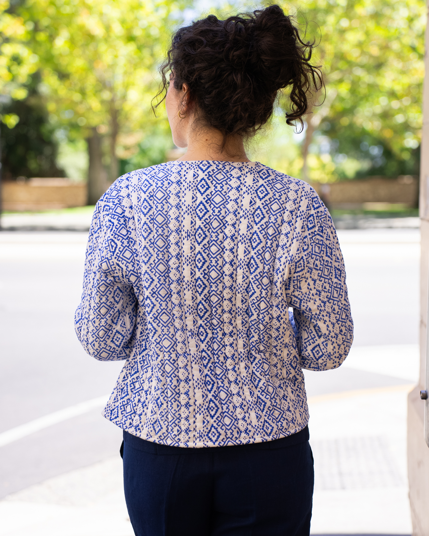 Sapphire Quilted Jacket – close-up back view – blue and white hand-block printed quilted cotton fabric