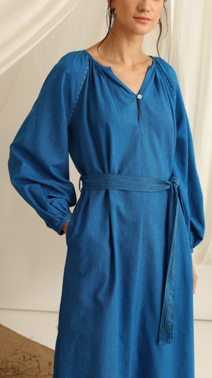 Mangalgiri Cotton Tiered Midi Dress With Gathered Sleeve