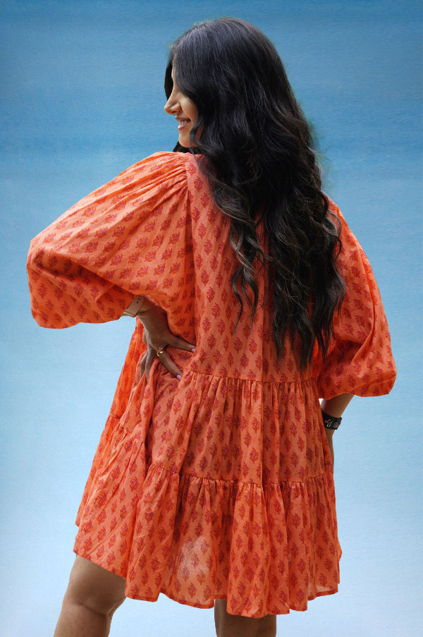 100% Cotton Golden Hour Mini Dress With Mandarin Collar