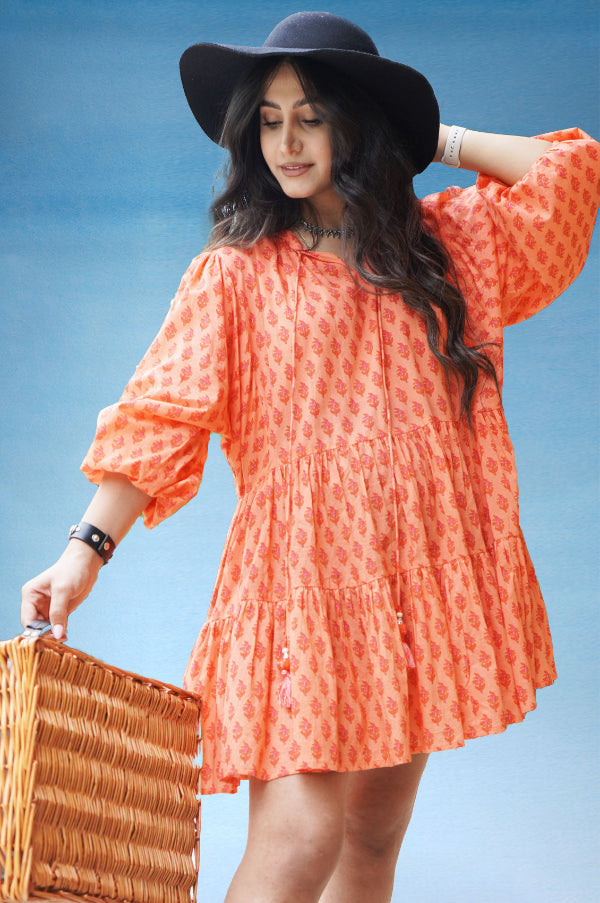 100% Cotton Mini Dress With Mandarin Collar