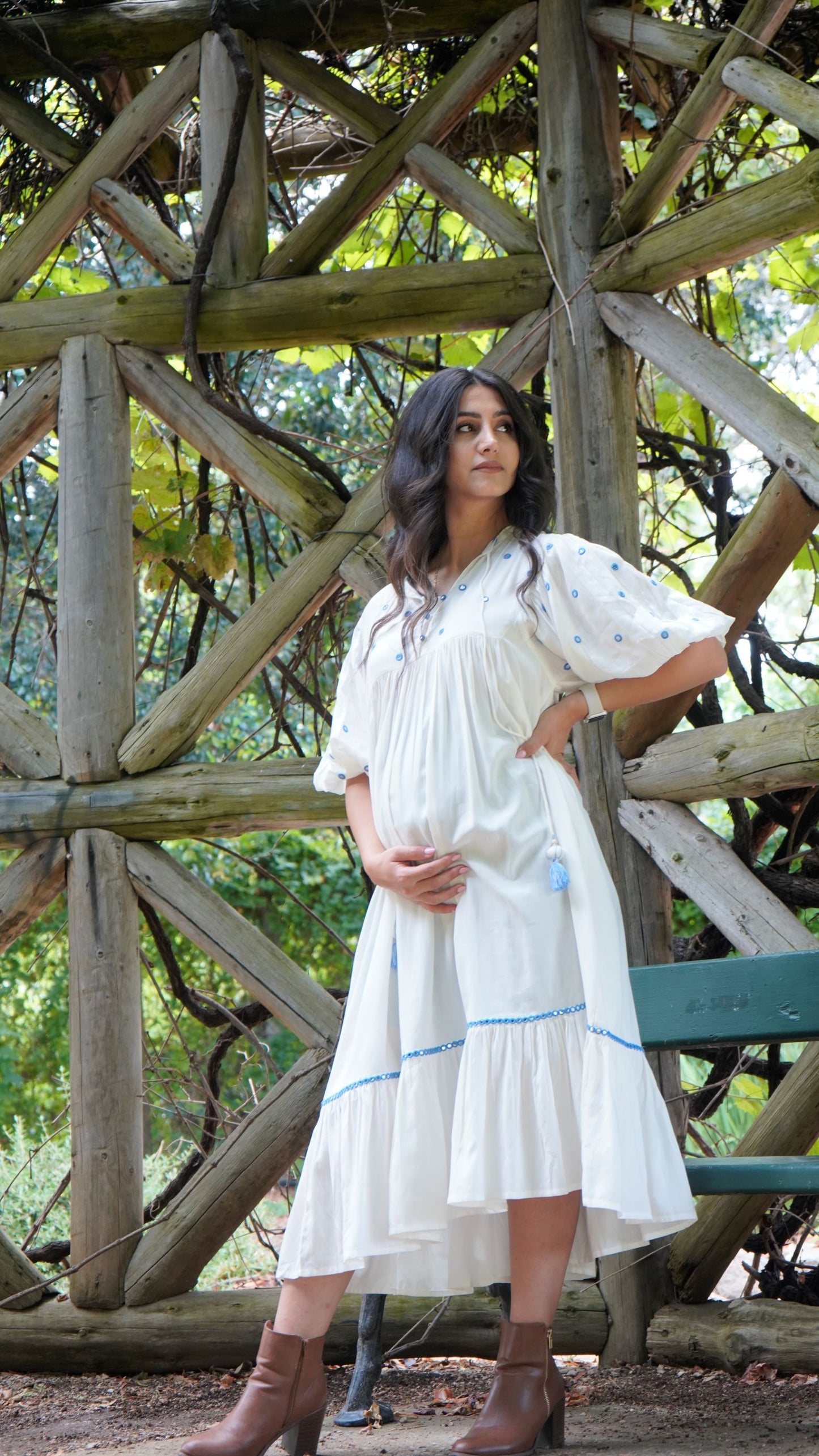 Sky puff sleeves midi dress