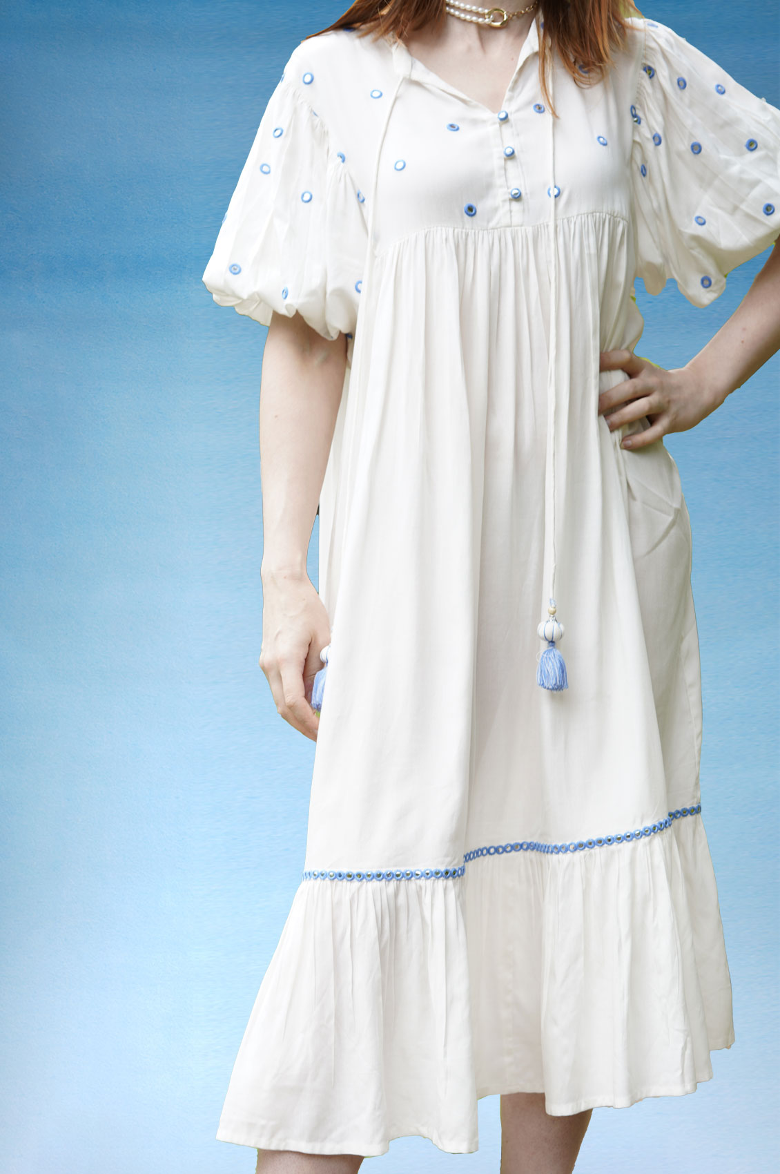 Sky puff sleeves midi dress