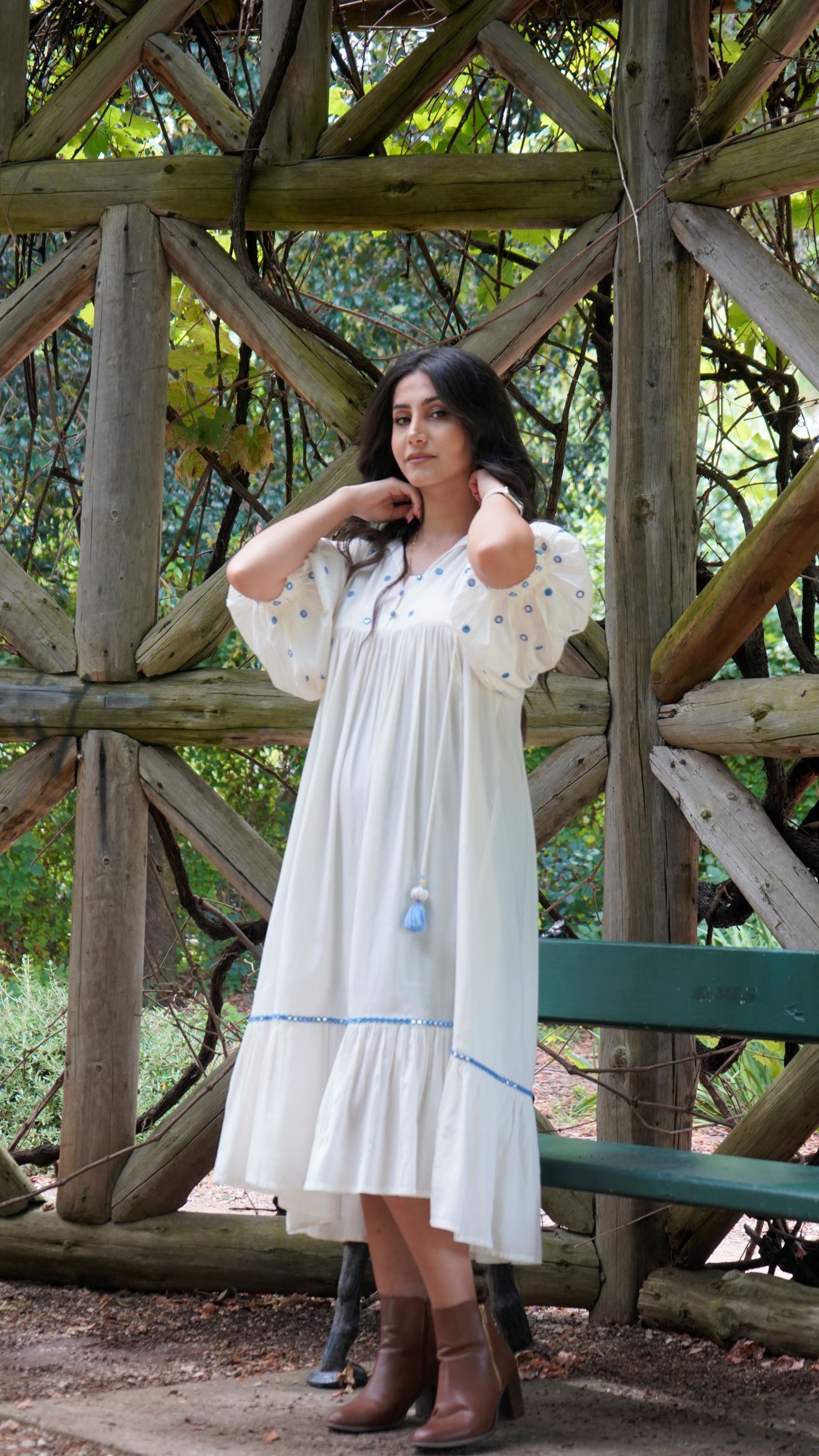 Sky puff sleeves midi dress