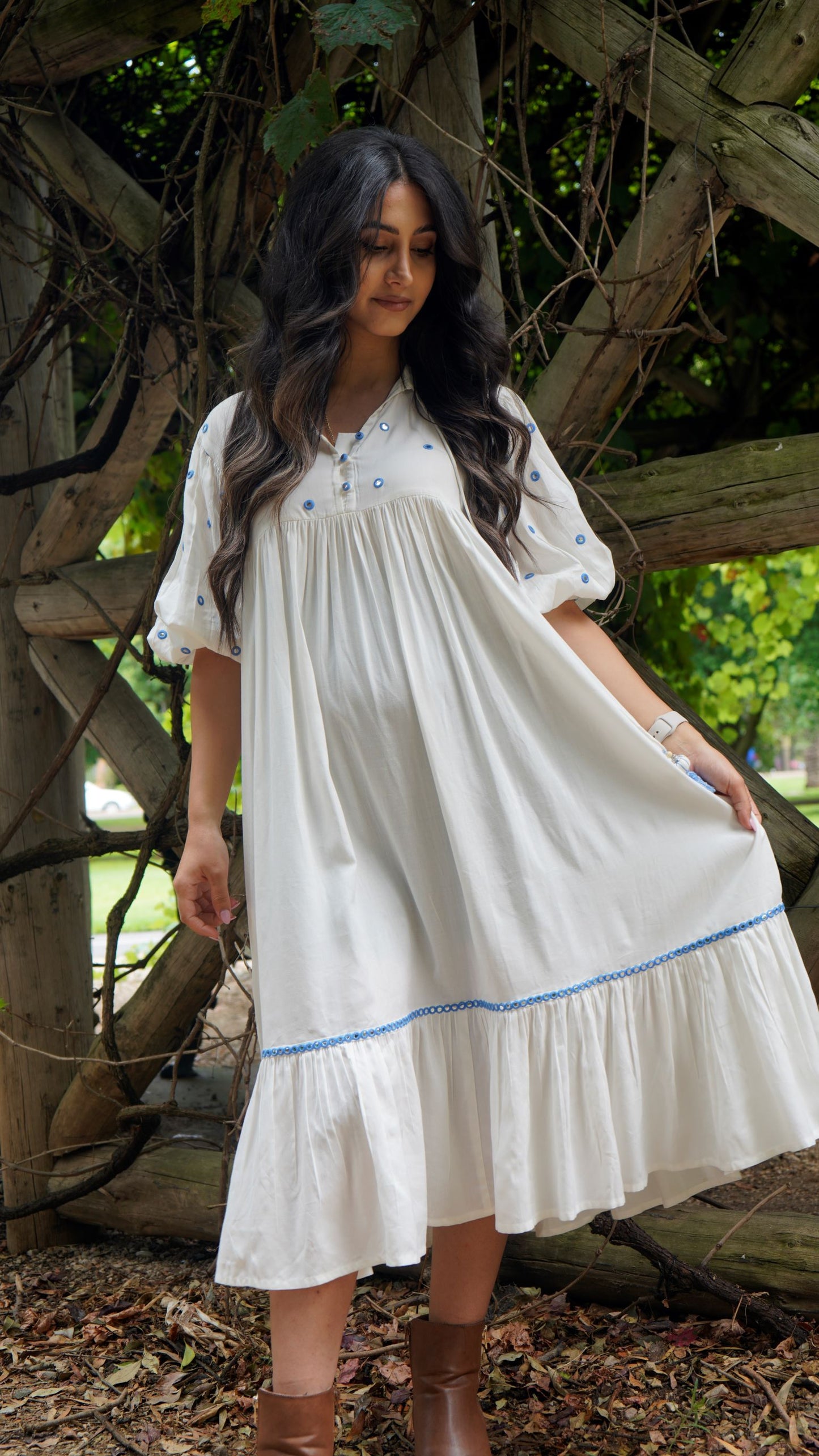 Sky puff sleeves midi dress