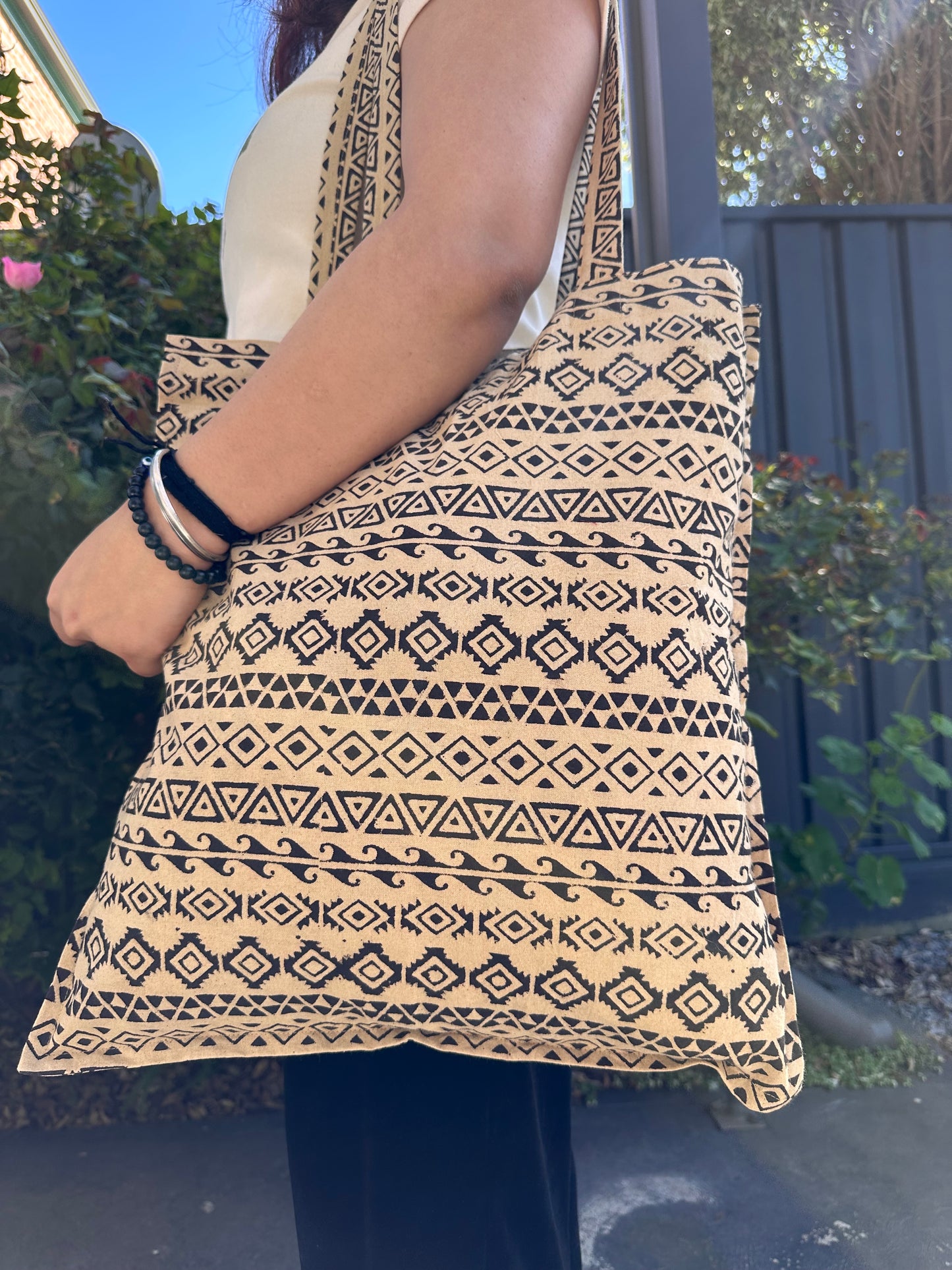 Black Hand Block Printed Tote Bag- Kalamkari print