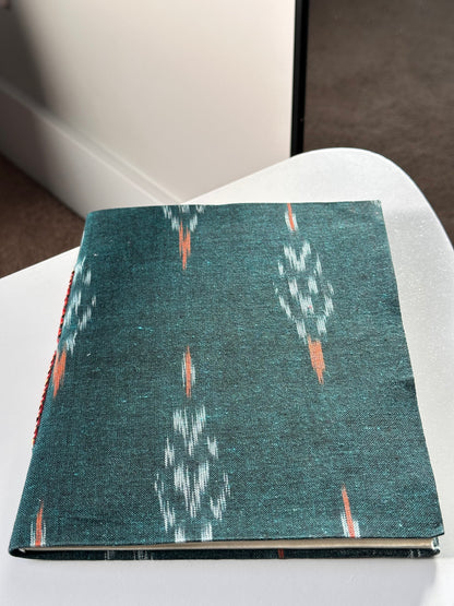 Bold green Ikat fabric cover handmade paper notebook (9*7 in)