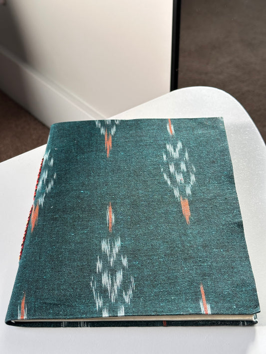 Bold green Ikat fabric cover handmade paper notebook (9*7 in)