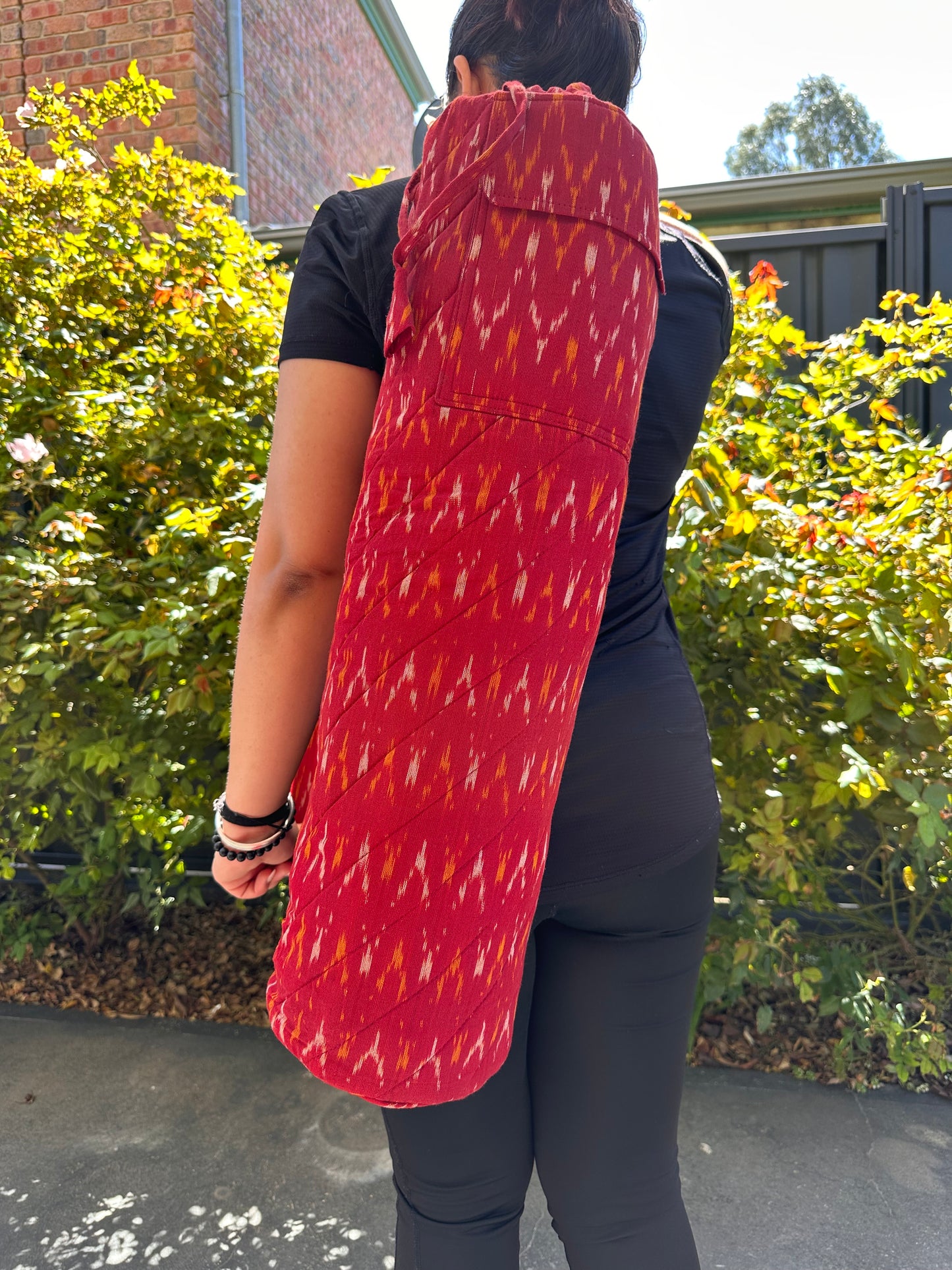 Artwork Ikat Cotton Quilted Yoga/Beach Mat Bag in cherry colour