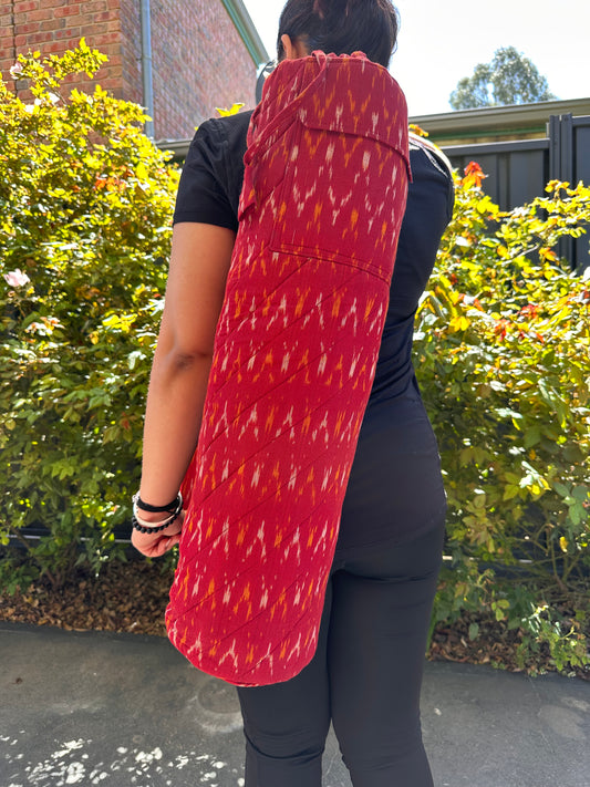 Artwork Ikat Cotton Quilted Yoga/Beach Mat Bag in cherry colour