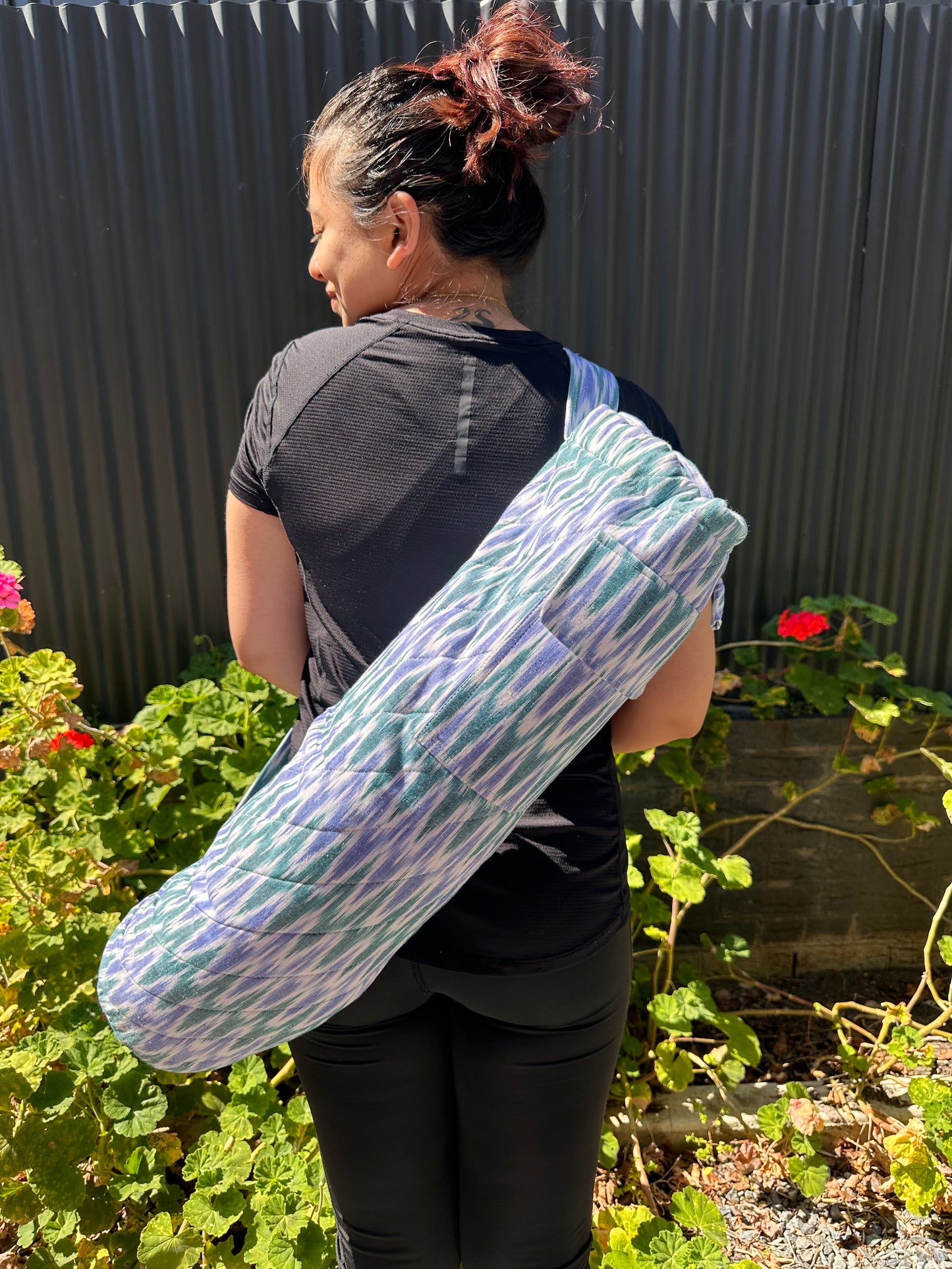 Quilted Yoga/Beach Mat Bag in White & Blue Printed Ikat Cotton