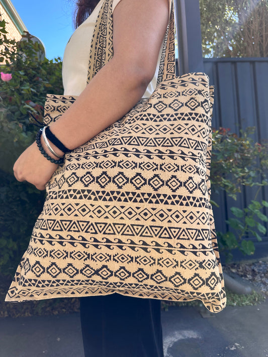 Black Hand Block Printed Tote Bag Kalamkari print