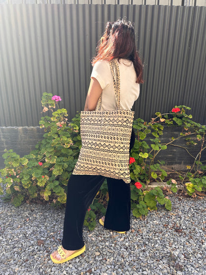 Fine Quality Black Hand Block Printed Tote Bag