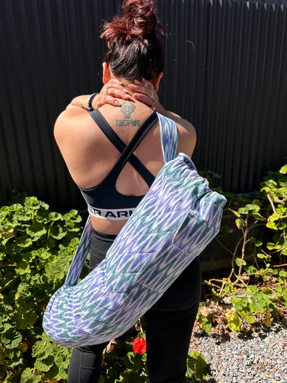 Quilted Yoga/Beach Mat Bag in White & Blue Printed Ikat Cotton