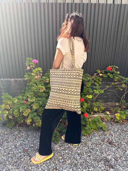 Black Hand Block Printed Tote Bag- Kalamkari print