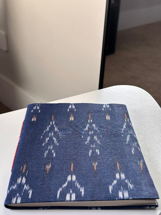 Indigo blue Ikat fabric cover handmade paper notebook