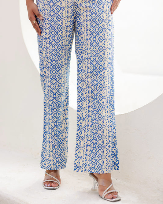 Marisa Pant high-rise wide-leg pants in sapphire blue hand block print cotton, front full-length view
