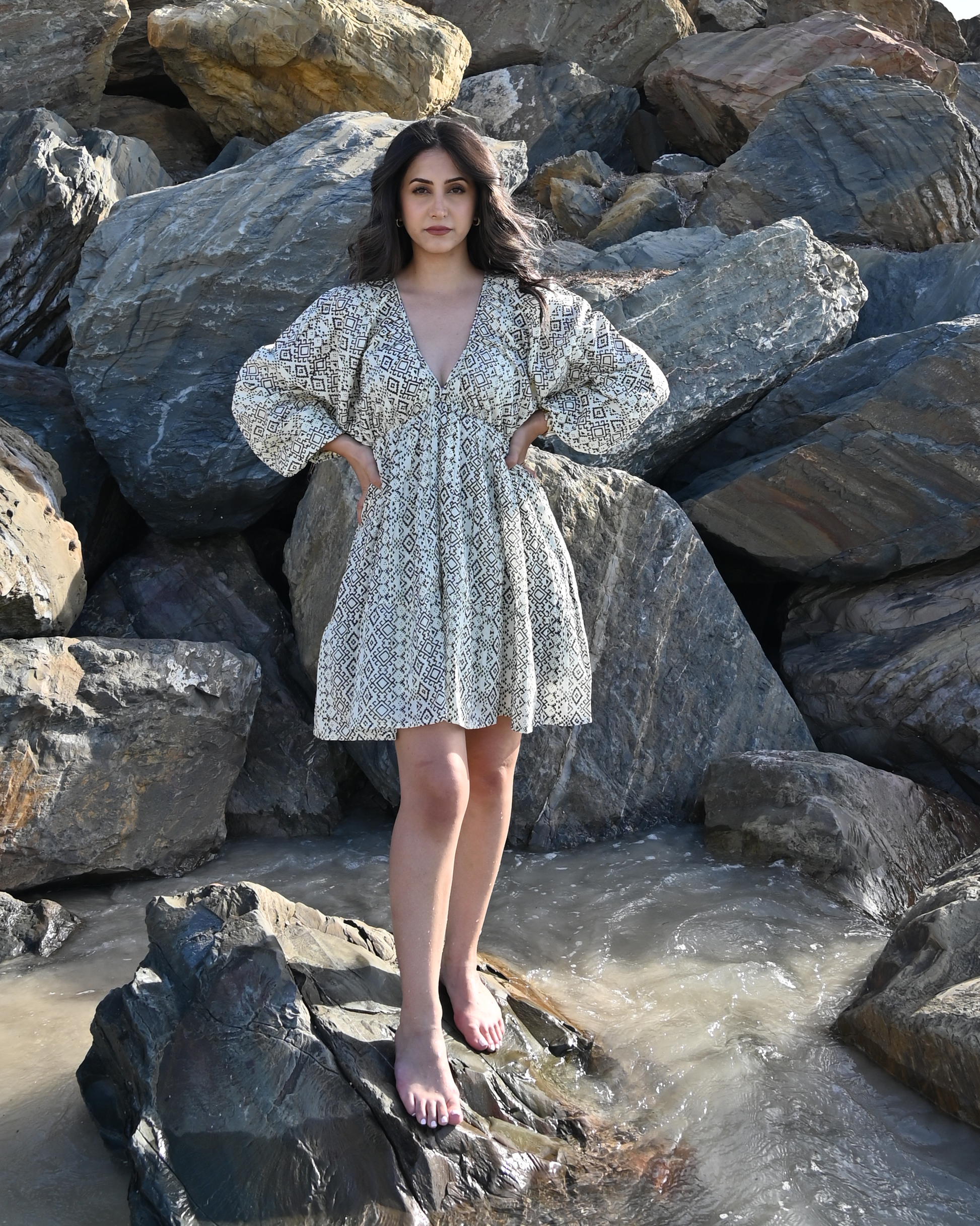 Ria Mini Dress – beach full body view – flowy cotton mini dress with long sleeves 
