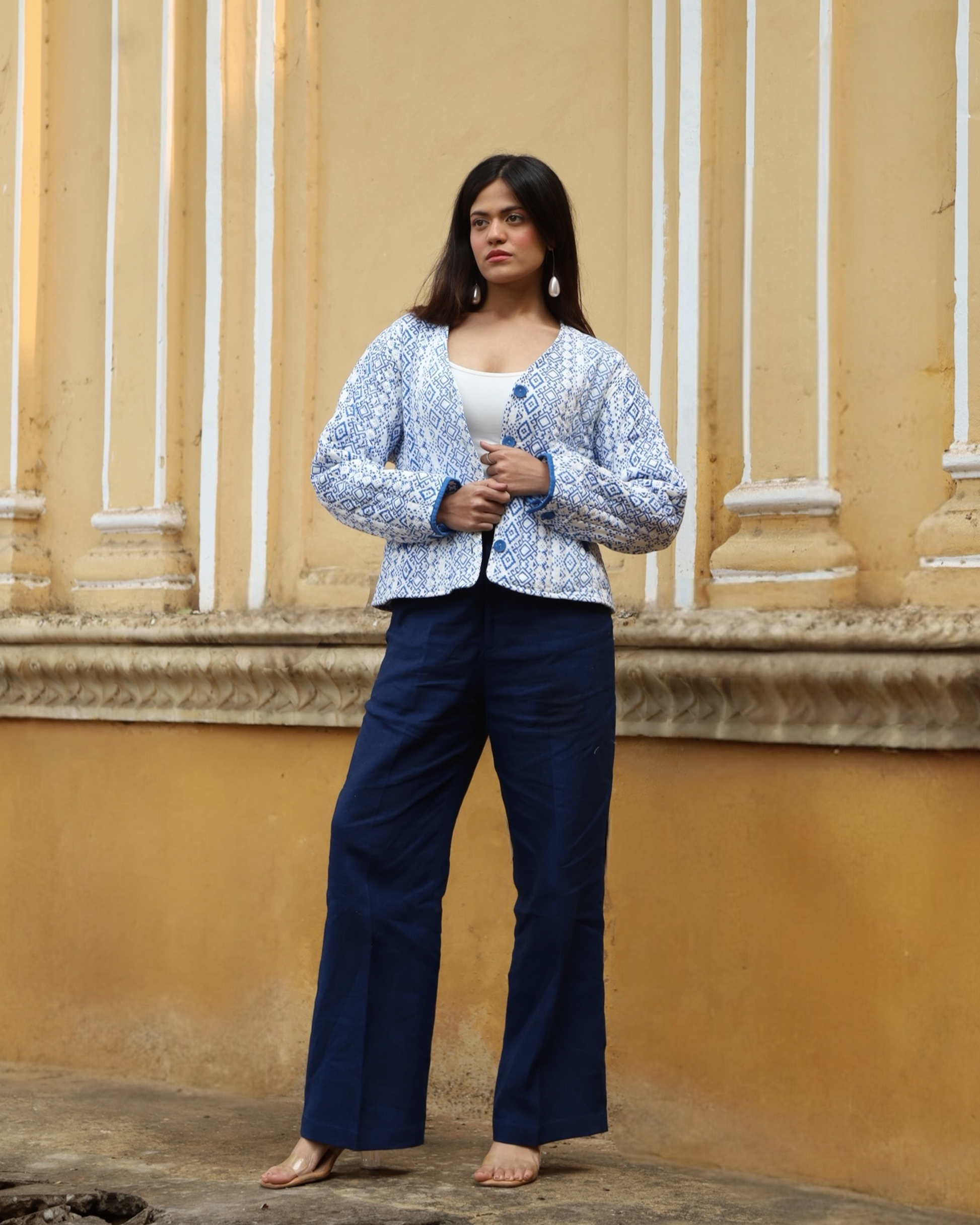 Sapphire Quilted Jacket – full outfit front view – oversized quilted cotton jacket with blue and white print 