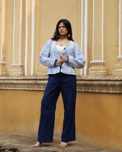 Sapphire Quilted Jacket – full outfit front view – oversized quilted cotton jacket with blue and white print 