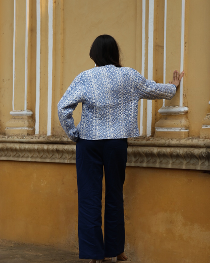 Sapphire Quilted Jacket – full outfit back view – oversized fit blue and white hand-block printed quilted jacket 