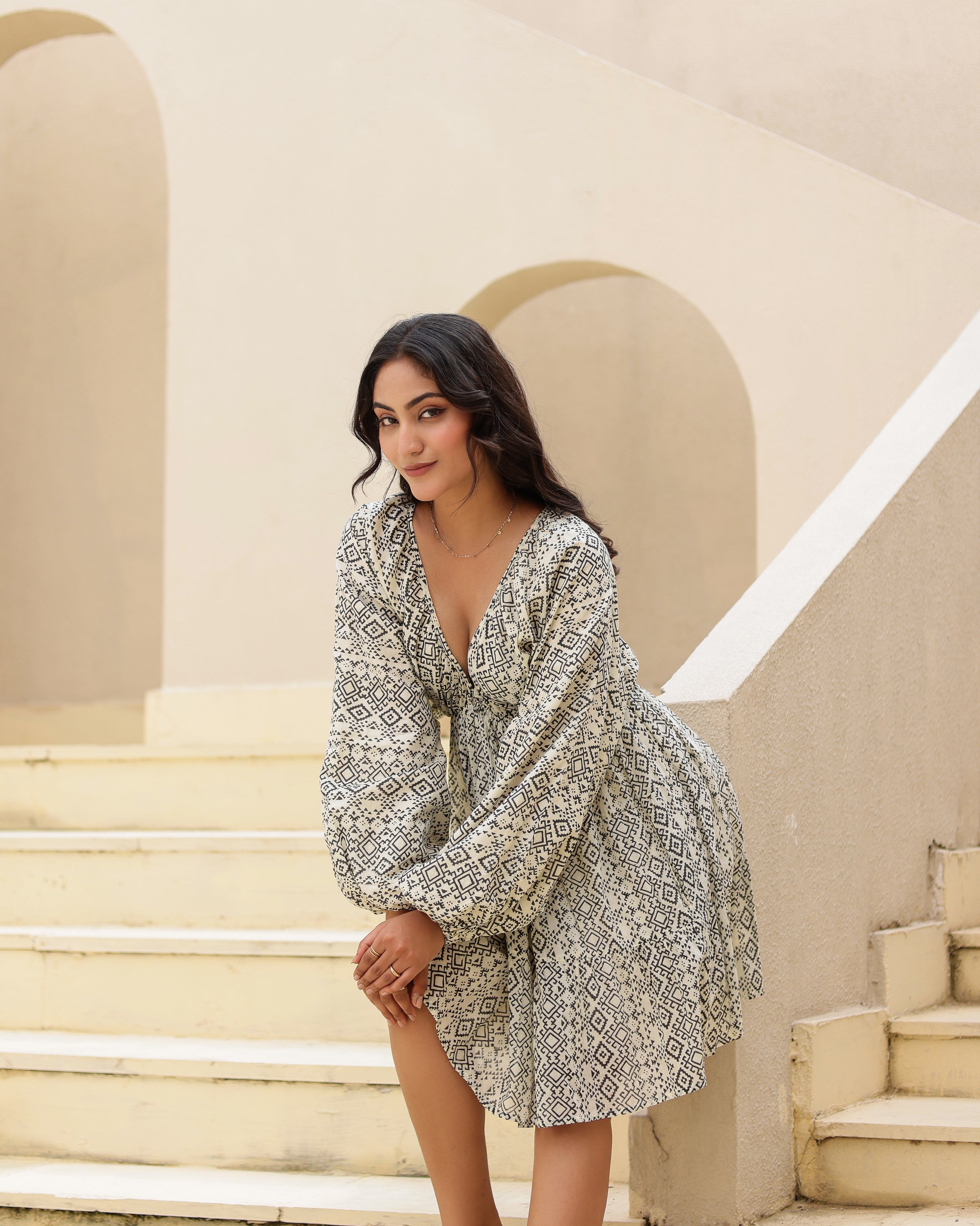 Ria V-neck Mini Dress | Deep V Neck Mini Dress – Threads of India