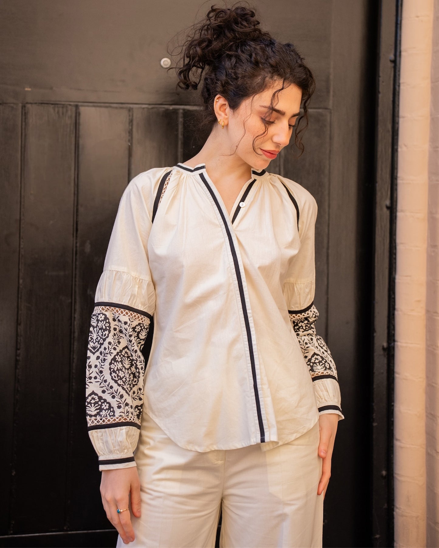 Sophia Blouse – cuff and sleeve close-up – block-printed motif detail on breathable cotton poplin 