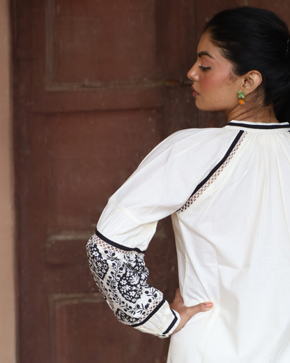 Sophia Blouse – full front view – black and white cotton poplin blouse with hidden placket (Threads of India) 