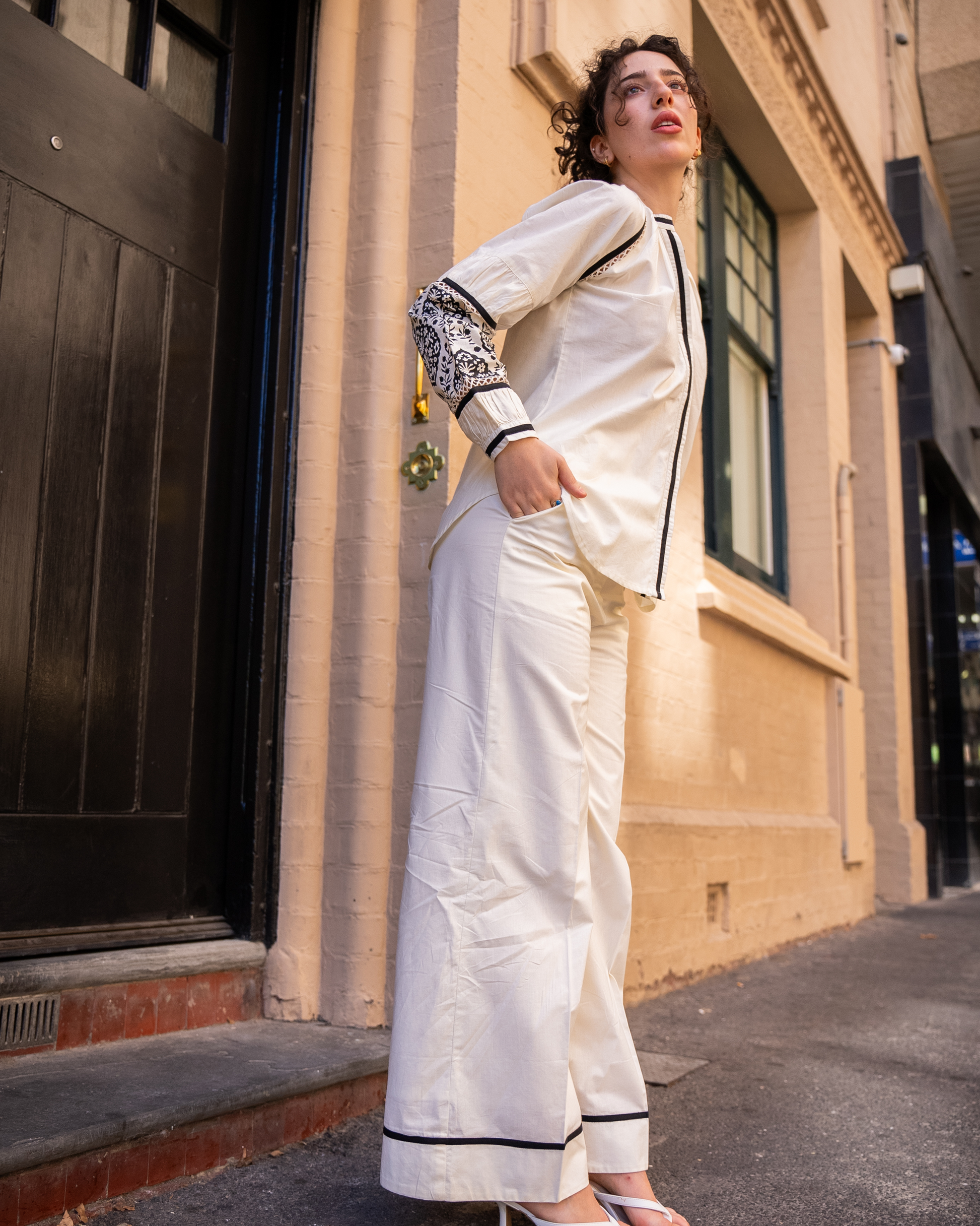 Sophia Blouse – close-up sleeve detail – Mughal-inspired block print and contrasting stripe panel 