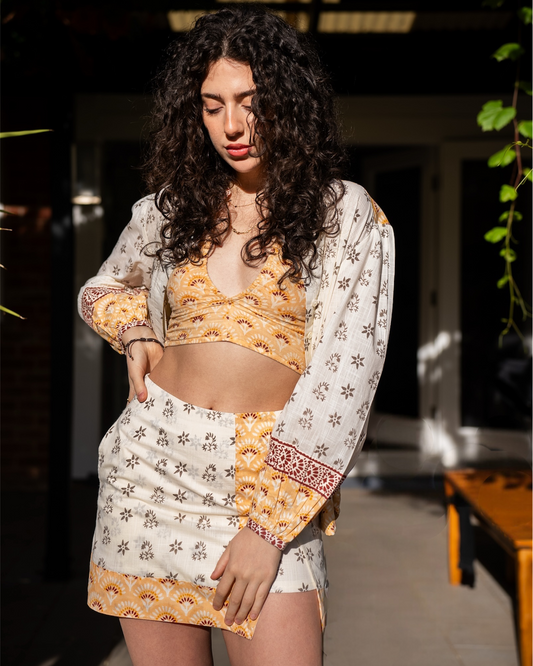 Sunrise Blouse – longer-length silhouette and in-house print, Mandarin Cream