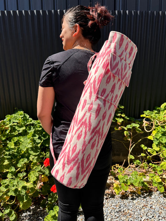 White and Pink Ikat Cotton Yoga Beach Mat Bag