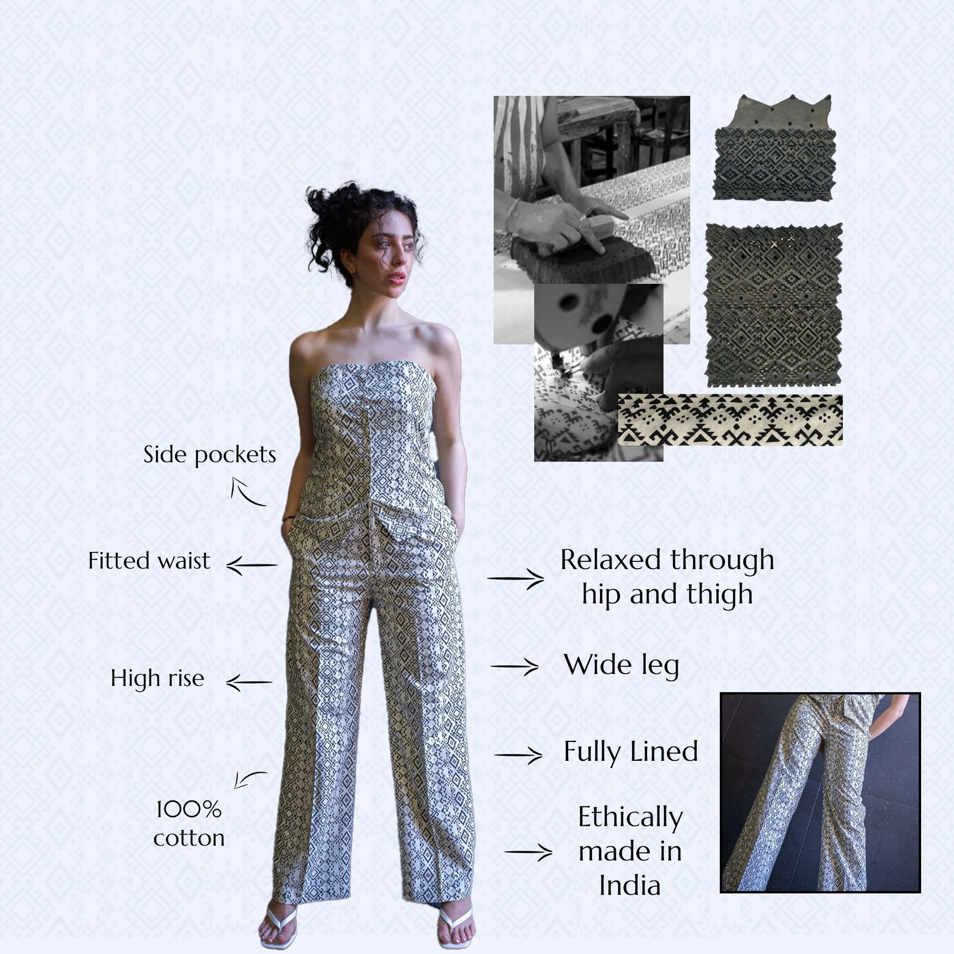 Close-up of Zia Pant waistband and block print cotton fabric detail