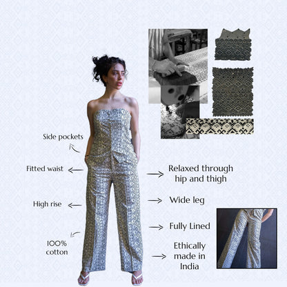 Close-up of Zia Pant waistband and block print cotton fabric detail