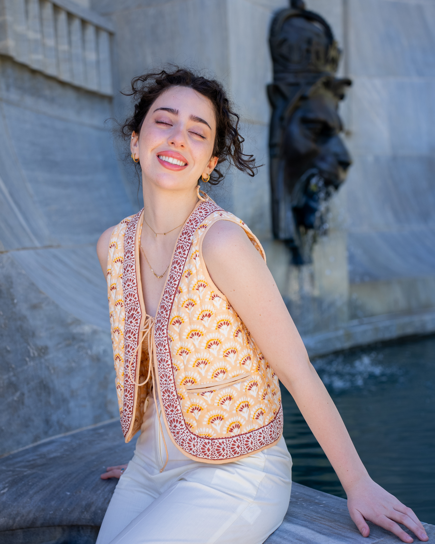 Boho Bay Half Sleeve Quilted Jacket – close-up front view highlighting quilted stitching, print and zip pocket detail