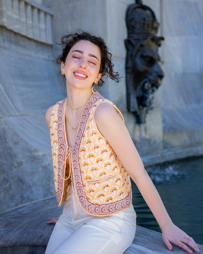 Boho Bay Half Sleeve Quilted Jacket – close-up front view highlighting quilted stitching, print and zip pocket detail