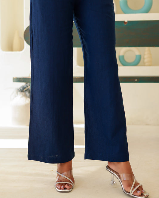 Indiana linen pant in teal blue, high-waist wide-leg full-length linen pants, front view