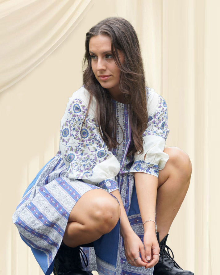 Hannah Block Printed Mini Dress Made Of 100% Cotton – Threads of India